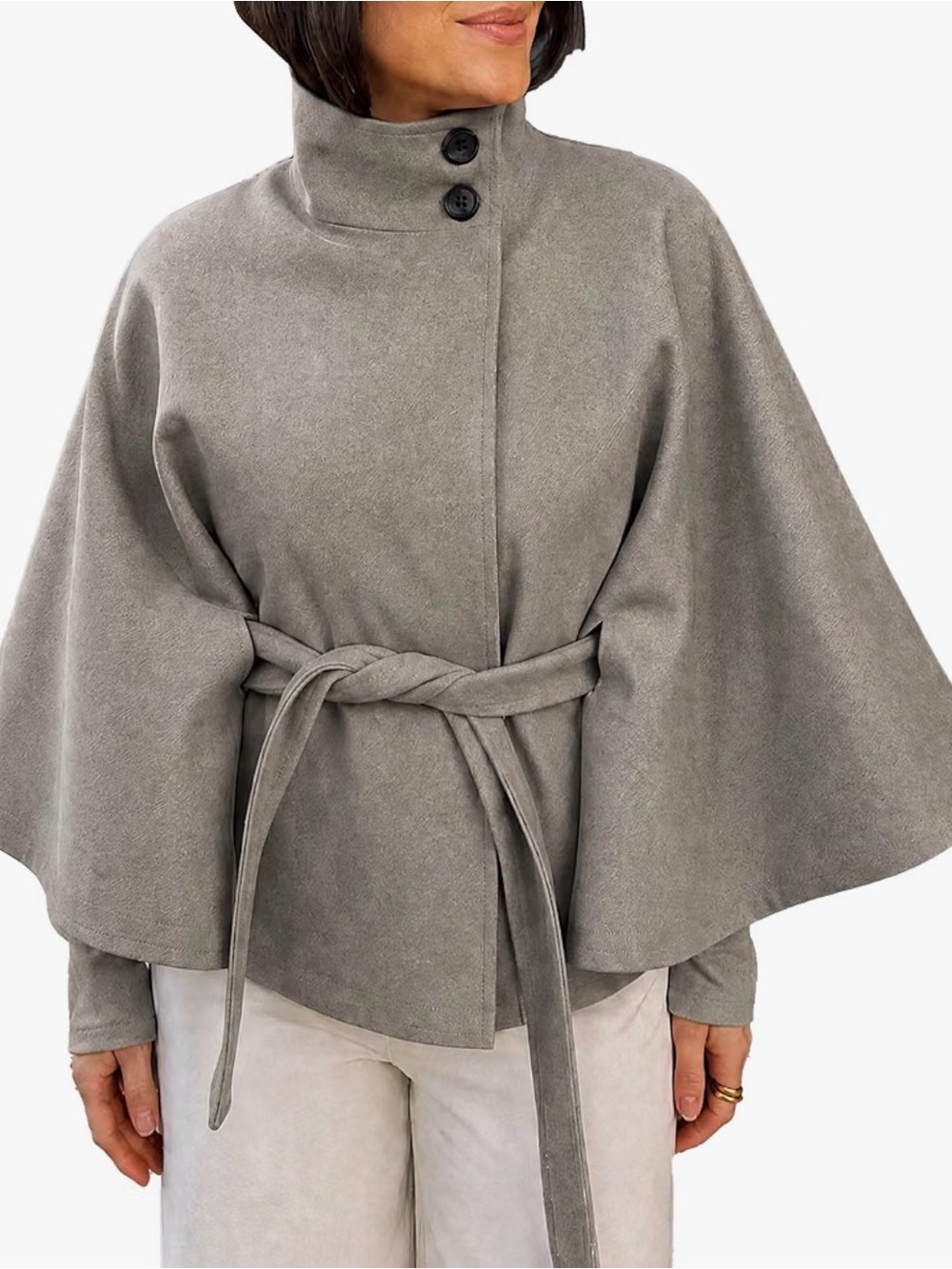 High-Neck Gray Belted Cape Sweater Poncho